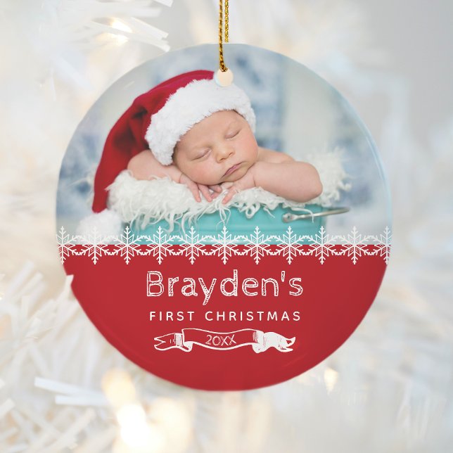 Baby's First Christmas 2023 Red White Custom Photo Ceramic Tree Decoration (Creator Uploaded)
