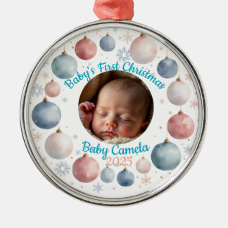 Baby's First Christmas 2025 Personalised Photo Metal Tree Decoration
