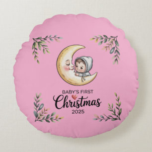  Baby's First Christmas 2025 Vintage Moon & Baby  Round Cushion