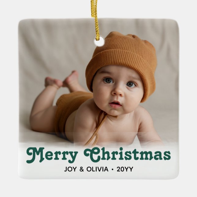 Baby's First Christmas 2 Photo Birth Stats Ceramic Ceramic Ornament (Front)