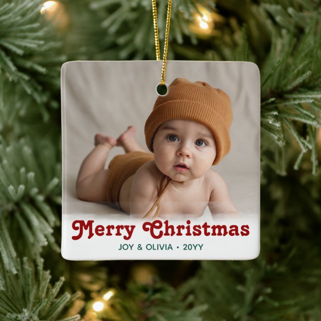 Baby's First Christmas 2 Photo Birth Stats Ceramic Ceramic Ornament (Tree)