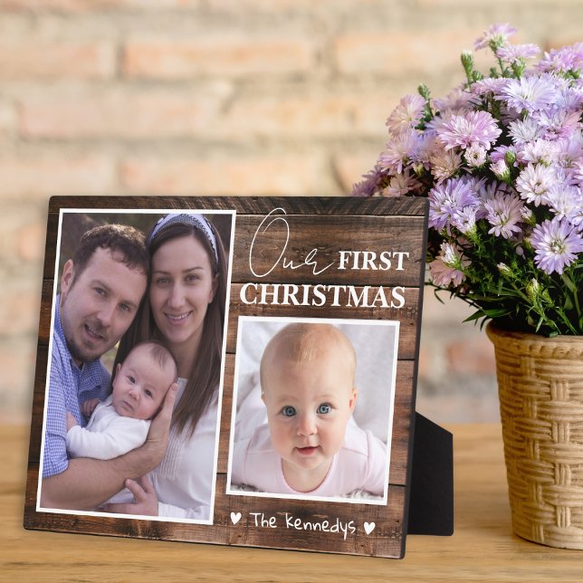 Baby's First Christmas 2 Photo Collage Rustic Wood Plaque (Creator Uploaded)