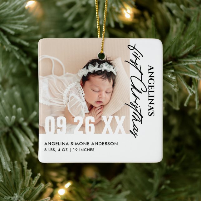 Baby's First Christmas 2-Photo Name & Birth Detail Ceramic Ornament (Tree)