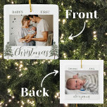 Baby's First Christmas 2 Photos Watercolor Trees Ceramic Ornament<br><div class="desc">Celebrate your baby's first Christmas with our charming Baby's First Christmas 2 Photos Watercolor Trees Ceramic Ornament. The front features a lovely green script that reads "Baby's First Christmas" along with the year, all set against a backdrop of two beautiful watercolor pine trees. This ornament allows you to add a...</div>