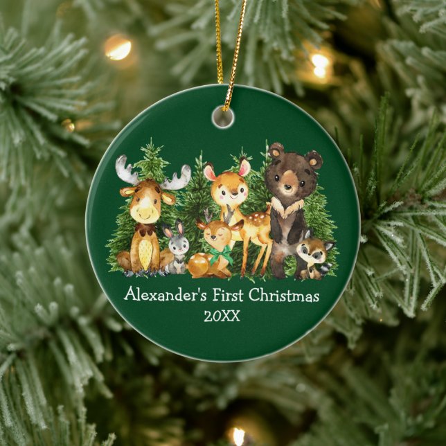 Baby's First Christmas Animals Deer Green Bow Ceramic Tree Decoration (Tree)