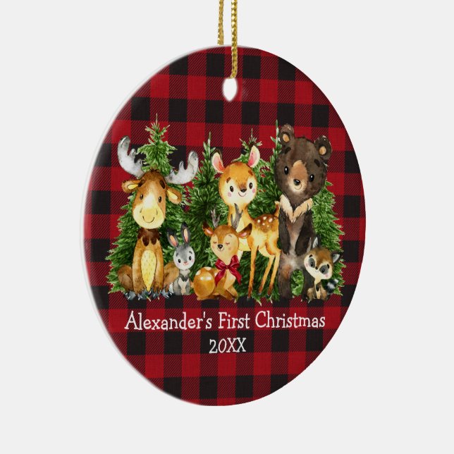 Baby's First Christmas Animals Deer PHOTO Plaid Ceramic Tree Decoration (Right)