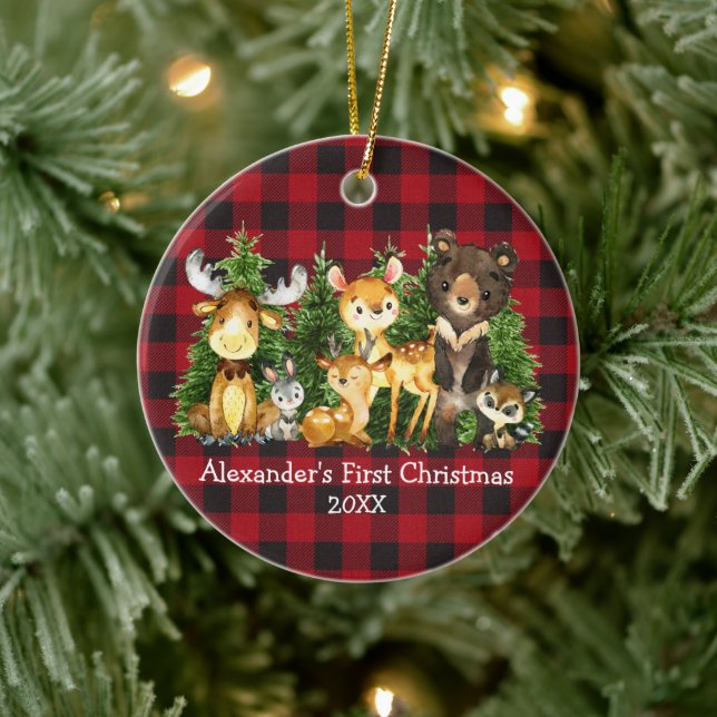 Baby's First Christmas Animals Deer Plaid Ceramic Tree Decoration (Tree)
