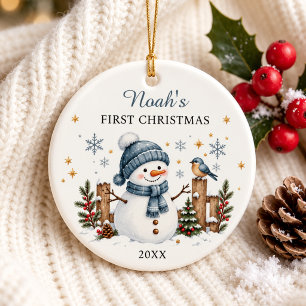 Baby's First Christmas As Cute Snowman Photo Ceramic Tree Decoration