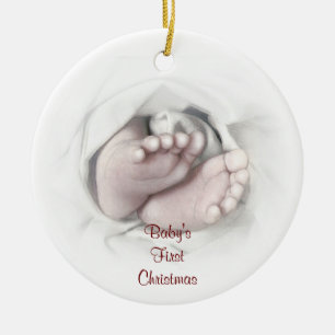 Baby's First Christmas baby feet pencil sketch Ceramic Tree Decoration