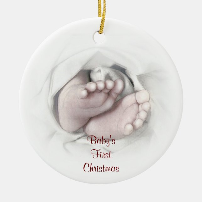 Baby's First Christmas baby feet pencil sketch Ceramic Tree Decoration (Front)