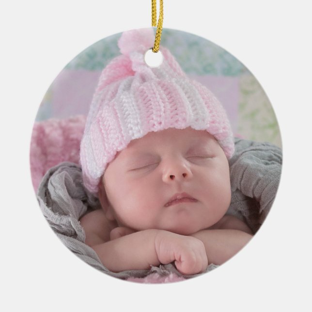 Baby's First Christmas Baby Photo Pink Christmas Ceramic Tree Decoration (Front)