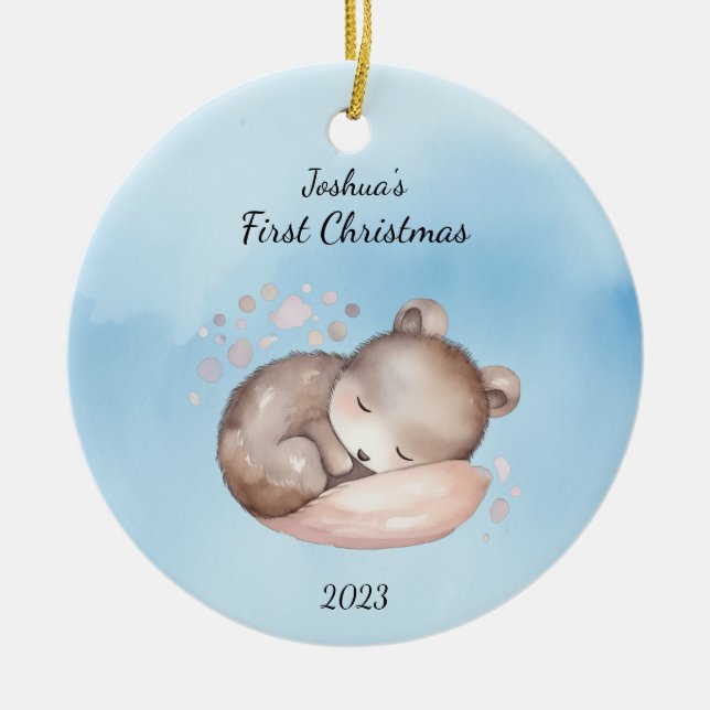 Baby's First Christmas Bear Blue Personalised Ceramic Tree Decoration (Front)