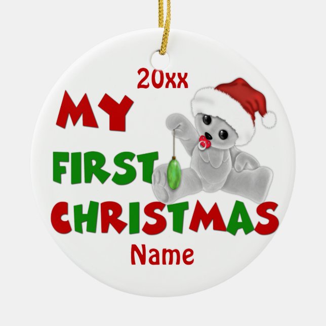 Babys First Christmas Bear Personalised Ceramic Tree Decoration (Front)