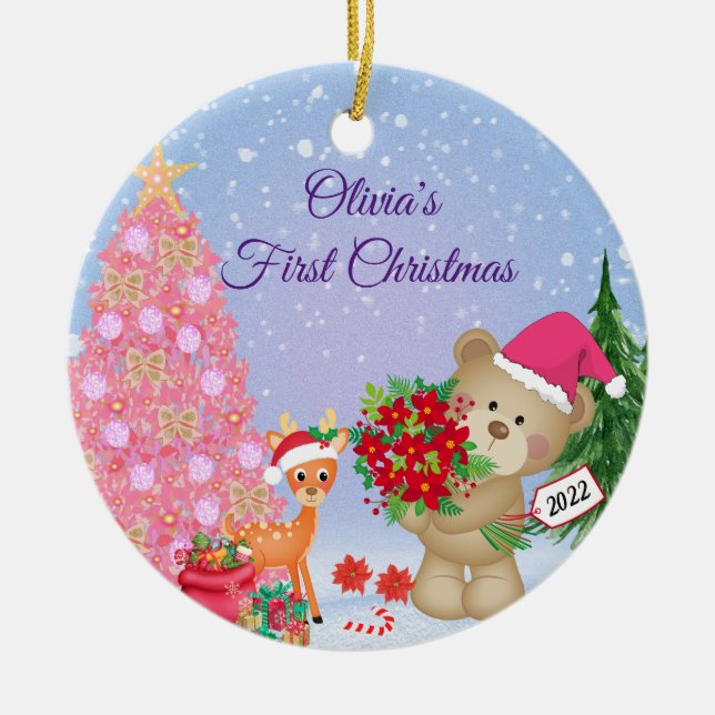 Baby's First Christmas Bear Personalised  Ceramic Tree Decoration (Front)