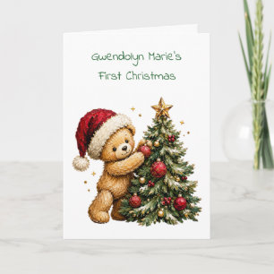 Baby's First Christmas, Bear Santa Hat, Green Text Card