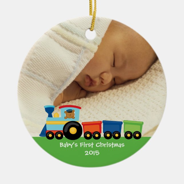 Baby's first Christmas bear train photo ornament (Front)