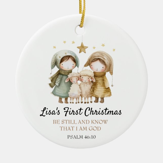 Baby's First Christmas Bible Verse Lamb Shepherd Ceramic Tree Decoration (Front)