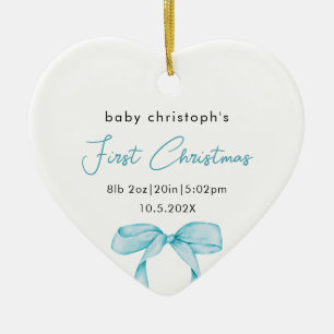 Baby's First Christmas Birth Stats Photo Bow Ceramic Tree Decoration