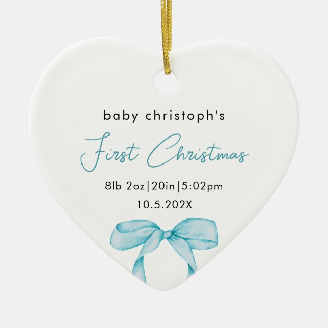 Baby's First Christmas Birth Stats Photo Bow Ceramic Tree Decoration (Front)