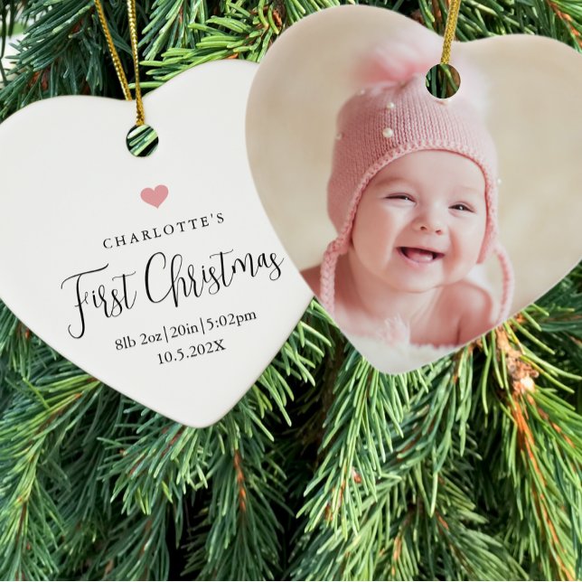 Baby's First Christmas Birth Stats Photo Heart  Ceramic Tree Decoration (Creator Uploaded)