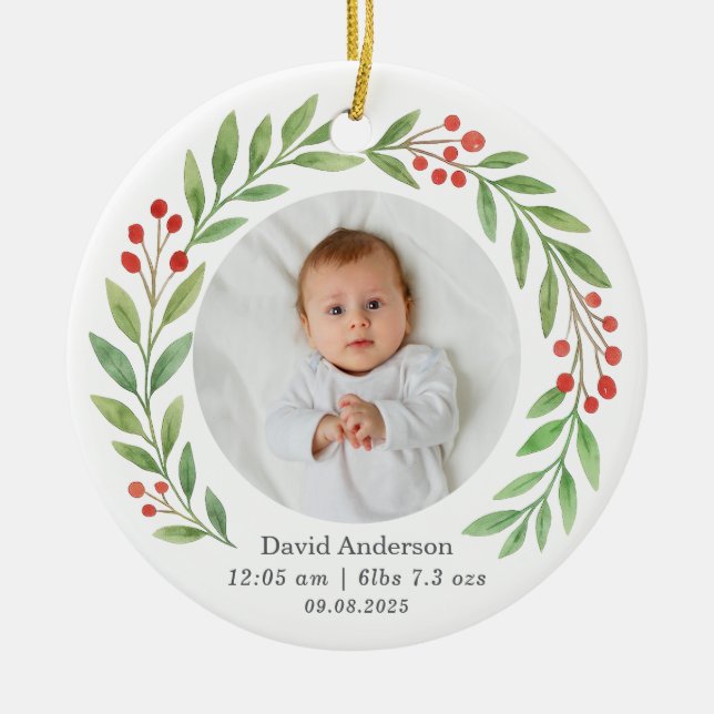 Baby's First Christmas Birth Stats Photo Keepsake  Ceramic Tree Decoration (Front)