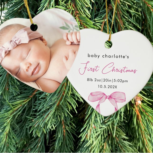 Baby's First Christmas Birth Stats Photo Pink Bow Ceramic Tree Decoration (Creator Uploaded)