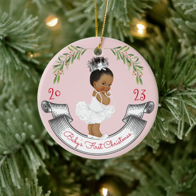 Baby's First Christmas Black Hair Crown Pink & Red Ceramic Tree Decoration (Tree)