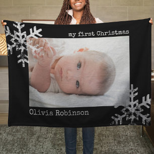 Baby's First Christmas Black Photo Snowflakes Fleece Blanket