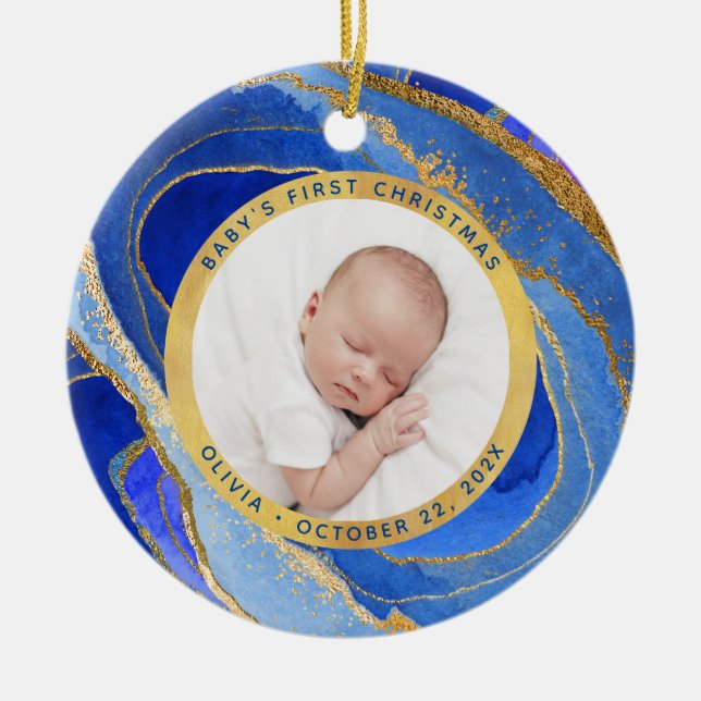 Baby's First Christmas | Blue and Gold Geode Photo Ceramic Tree Decoration (Front)