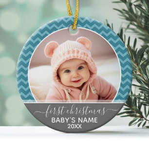Babys First Christmas - blue chevrons and grey Ceramic Tree Decoration