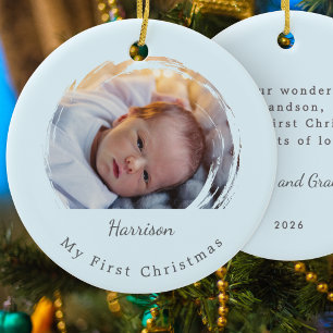 Baby's First Christmas Blue Elegant Photo Keepsake Ceramic Tree Decoration
