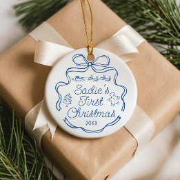 Babys First Christmas Blue Ribbon Whimsical Doodle Ceramic Tree Decoration