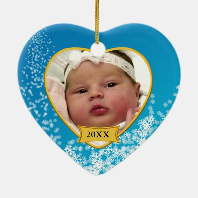 Baby's First Christmas Blue Snowflake Photo Ceramic Tree Decoration (Back)