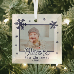 Baby's First Christmas Blue Snowflakes Photo Glass Tree Decoration