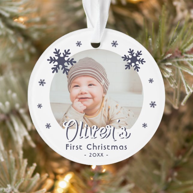 Baby's First Christmas Blue Snowflakes Photo  Ornament (Tree)