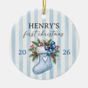 Baby's First Christmas Blue Stocking Ornament 2026