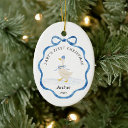 Babys First Christmas Blue Watercolor Ribbon Goose Ceramic Tree Decoration