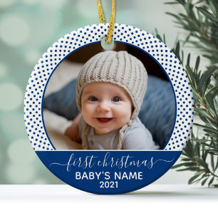 Babys First Christmas - Blue White Polka Dots Ceramic Tree Decoration