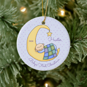 Baby's First Christmas - Boy - Sleeping on Moon Ceramic Tree Decoration