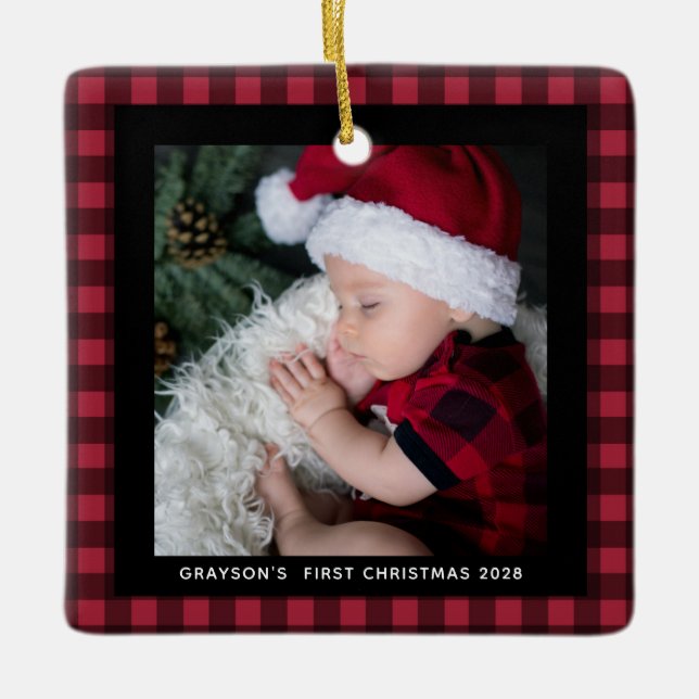 Baby's First Christmas Buffalo Plaid 2 Photo  Ceramic Ornament (Front)