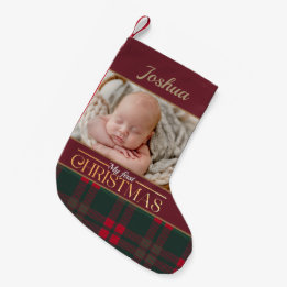Baby's First Christmas Buffalo Plaid Pattern Photo Small Christmas Stocking
