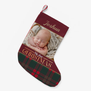 Baby's First Christmas Buffalo Plaid Pattern Photo Small Christmas Stocking