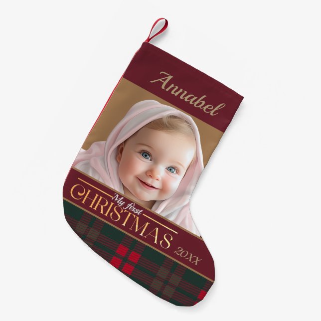 Baby's First Christmas Buffalo Plaid Pattern Photo Small Christmas Stocking (Front (Hanging))
