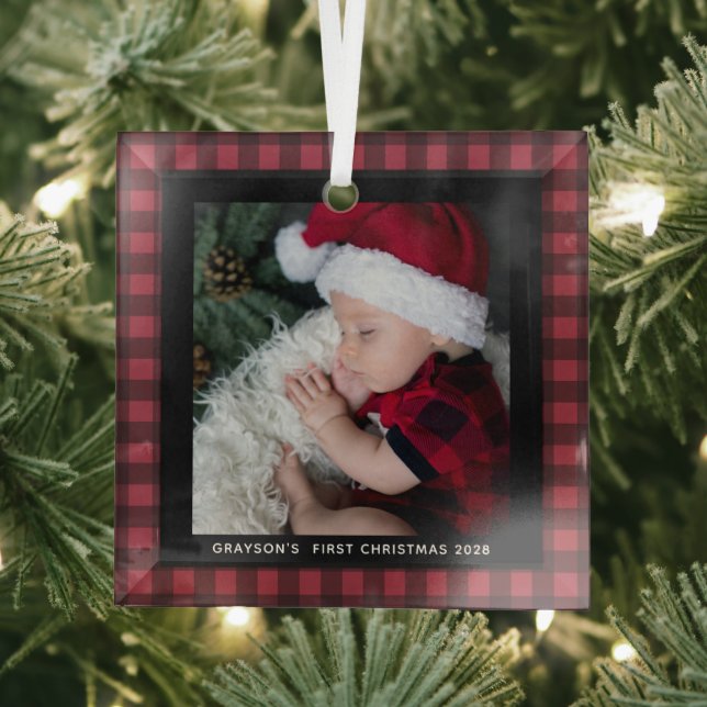 Baby's First Christmas Buffalo Plaid Photo Glass Tree Decoration (Insitu)