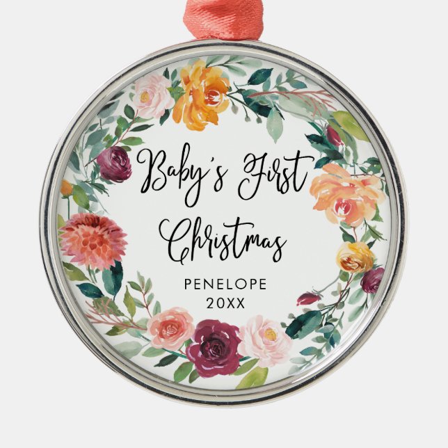 Baby's First Christmas | Burgundy Floral Wreath Metal Tree Decoration (Front)