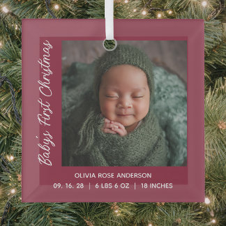 Babys First Christmas Burgundy Photo Glass Tree Decoration