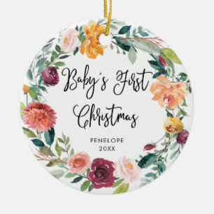 Baby's First Christmas   Burgundy Wreath and Photo Ceramic Tree Decoration