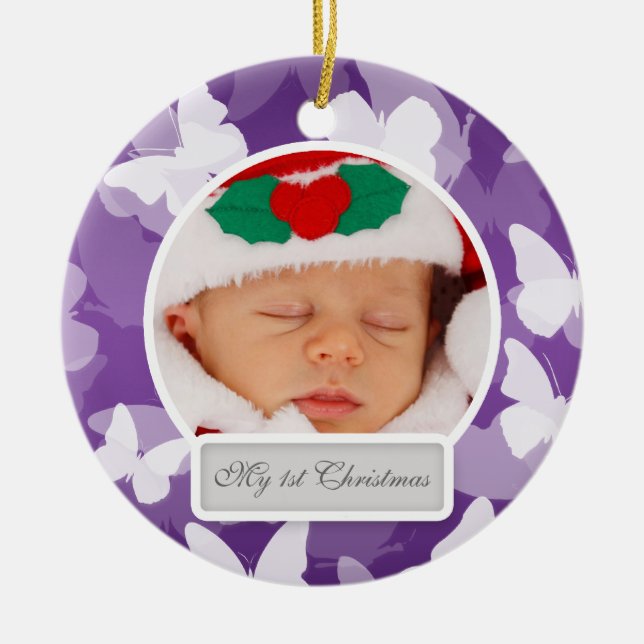 Baby's First Christmas Butterflies Purple Ceramic Tree Decoration (Front)