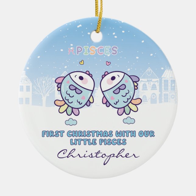 Baby's First Christmas by Zodiac Sign Personalised Ceramic Tree Decoration (Front)