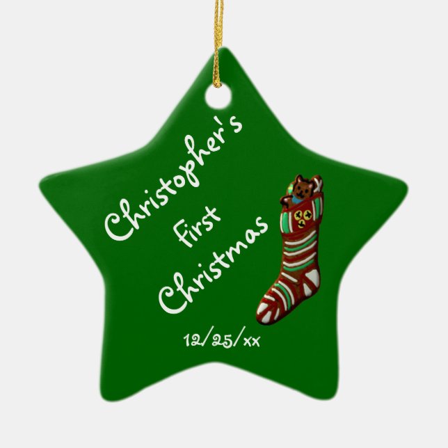 "Baby's First Christmas" - Christmas Stocking Ceramic Tree Decoration (Front)